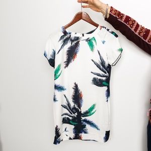 Tropical Wibes Mini Dress Size M White Blue Black Green Scoop Neck Lined Palm